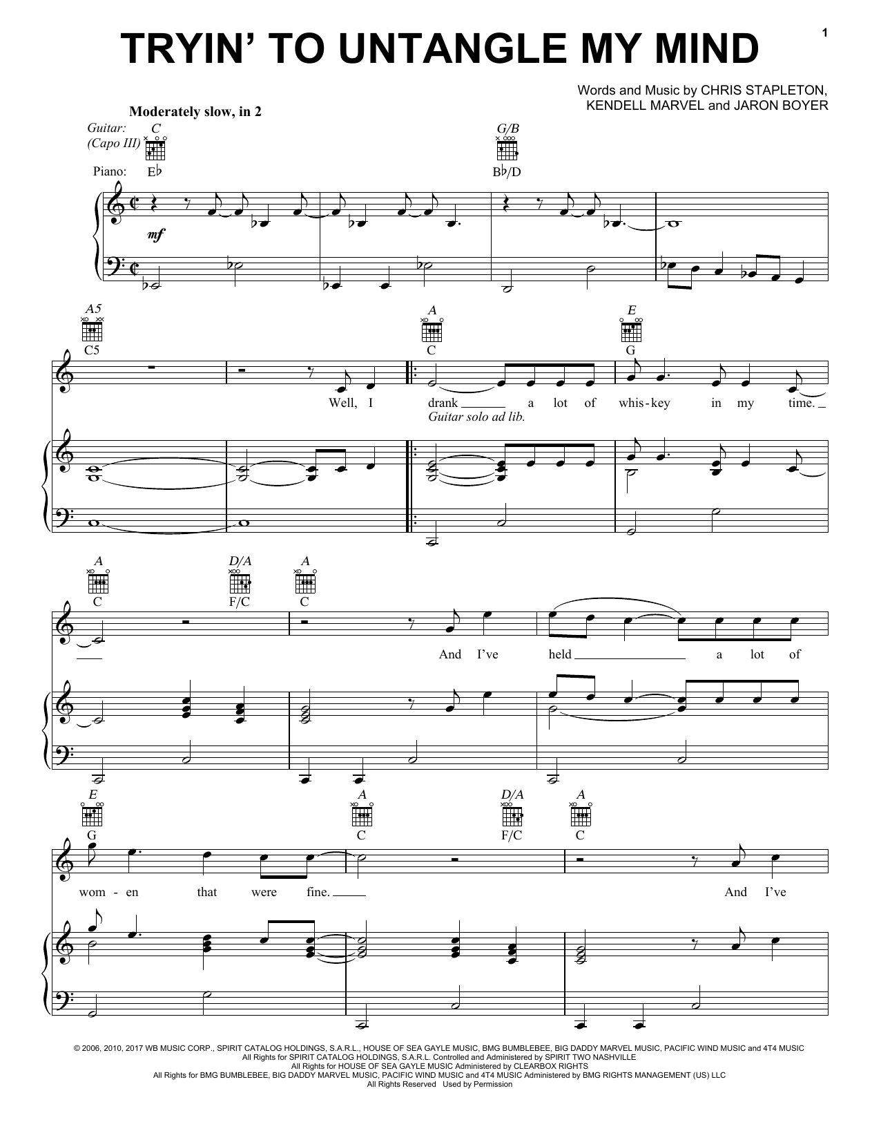 Preview Chris Stapleton Tryin' To Untangle My Mind Pop sheet music, notes and chords for Piano, Vocal & Guitar (Right-Hand Melody), SKU: 196968 sheet music, piano notes, chords, guitar tabs, score, transpose, transcribe, how to play, guide, download, learn, tutorial, progression, song, artist, awards, billboard, mtv, vh1, tour, single, album, release