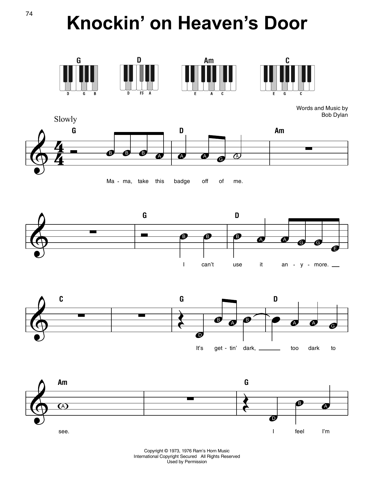 Knockin On Heaven S Door Sheet Music Notes Bob Dylan Chords