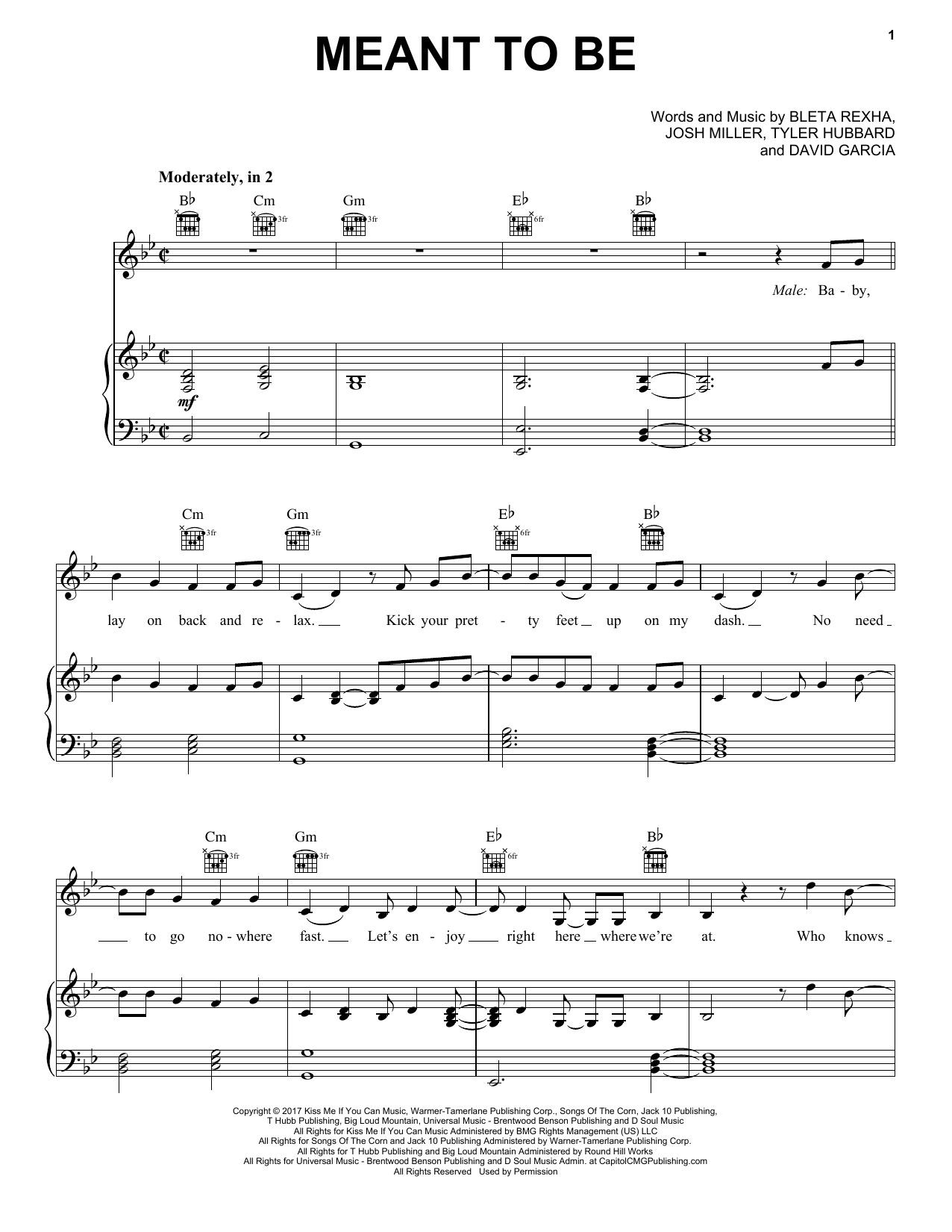 Preview Bebe Rexha ft. Florida Georgia Line Meant To Be Pop sheet music, notes and chords for Piano, Vocal & Guitar (Right-Hand Melody), SKU: 197099 sheet music, piano notes, chords, guitar tabs, score, transpose, transcribe, how to play, guide, download, learn, tutorial, progression, song, artist, awards, billboard, mtv, vh1, tour, single, album, release