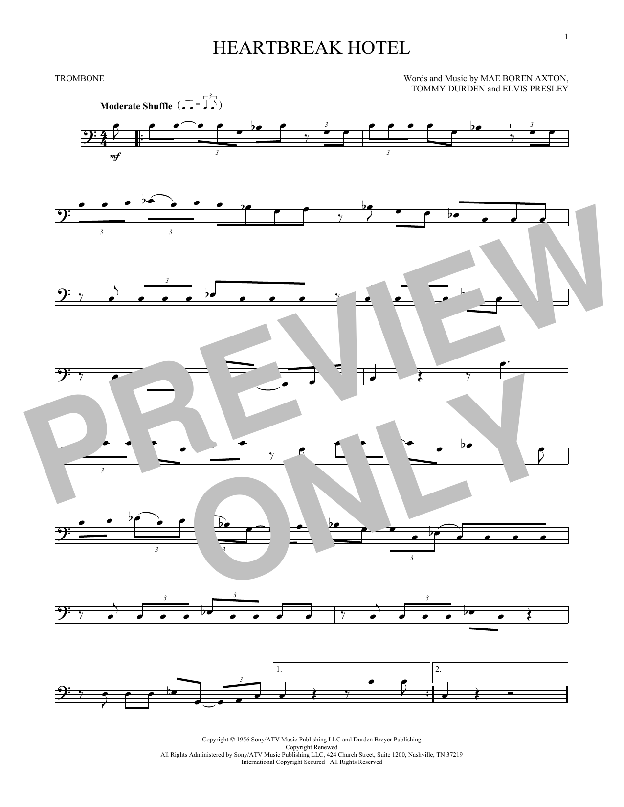 Preview Elvis Presley Heartbreak Hotel Pop sheet music, notes and chords for Trombone, SKU: 197110 sheet music, piano notes, chords, guitar tabs, score, transpose, transcribe, how to play, guide, download, learn, tutorial, progression, song, artist, awards, billboard, mtv, vh1, tour, single, album, release
