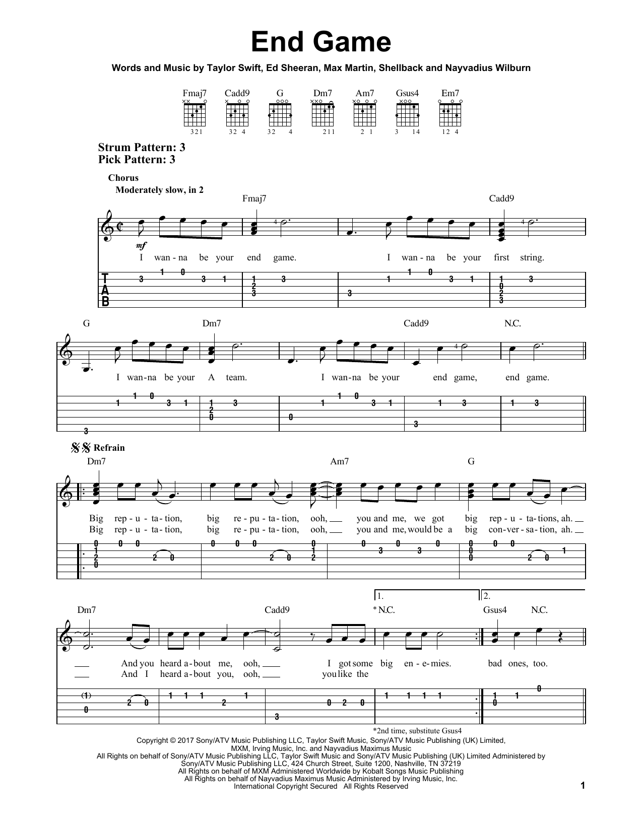 Preview Taylor Swift End Game (feat. Ed Sheeran and Future) Pop sheet music, notes and chords for Easy Guitar Tab, SKU: 197744 sheet music, piano notes, chords, guitar tabs, score, transpose, transcribe, how to play, guide, download, learn, tutorial, progression, song, artist, awards, billboard, mtv, vh1, tour, single, album, release