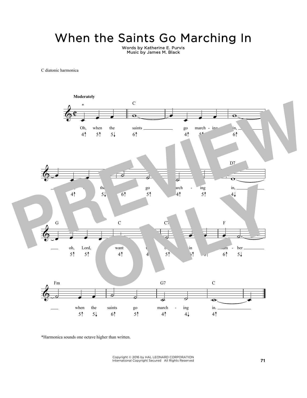 Preview Katherine E. Purvis When The Saints Go Marching In American sheet music, notes and chords for Harmonica, SKU: 198261 sheet music, piano notes, chords, guitar tabs, score, transpose, transcribe, how to play, guide, download, learn, tutorial, progression, song, artist, awards, billboard, mtv, vh1, tour, single, album, release