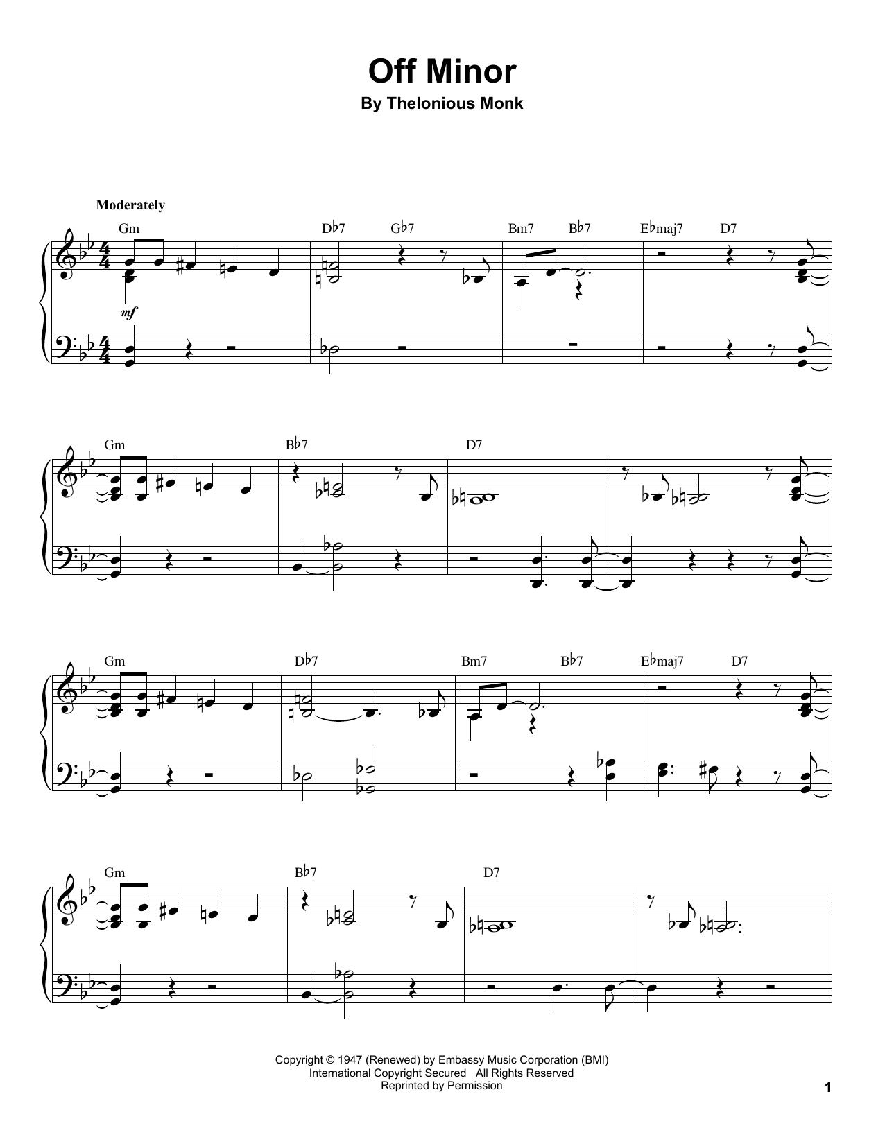 Preview Thelonious Monk Off Minor Jazz sheet music, notes and chords for Piano Transcription, SKU: 198737 sheet music, piano notes, chords, guitar tabs, score, transpose, transcribe, how to play, guide, download, learn, tutorial, progression, song, artist, awards, billboard, mtv, vh1, tour, single, album, release