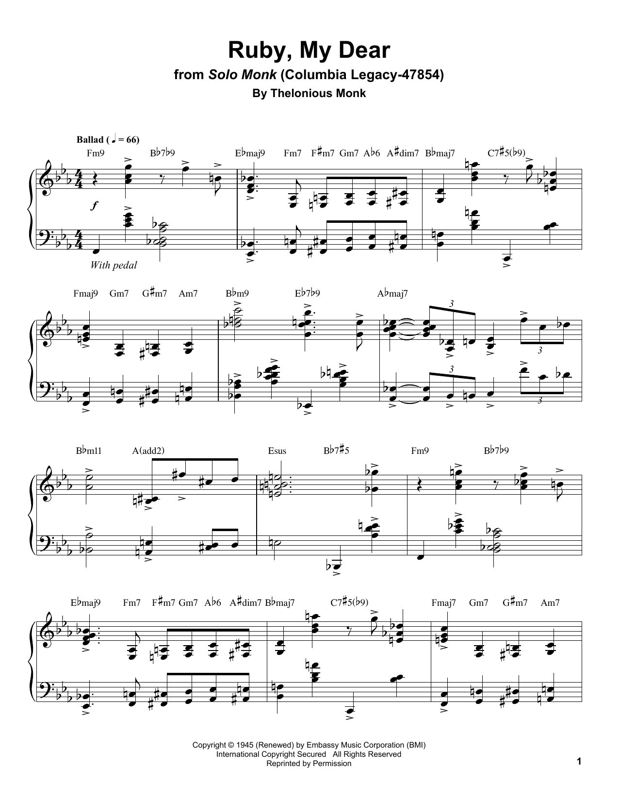 Preview Thelonious Monk Ruby, My Dear Jazz sheet music, notes and chords for Piano Transcription, SKU: 198738 sheet music, piano notes, chords, guitar tabs, score, transpose, transcribe, how to play, guide, download, learn, tutorial, progression, song, artist, awards, billboard, mtv, vh1, tour, single, album, release