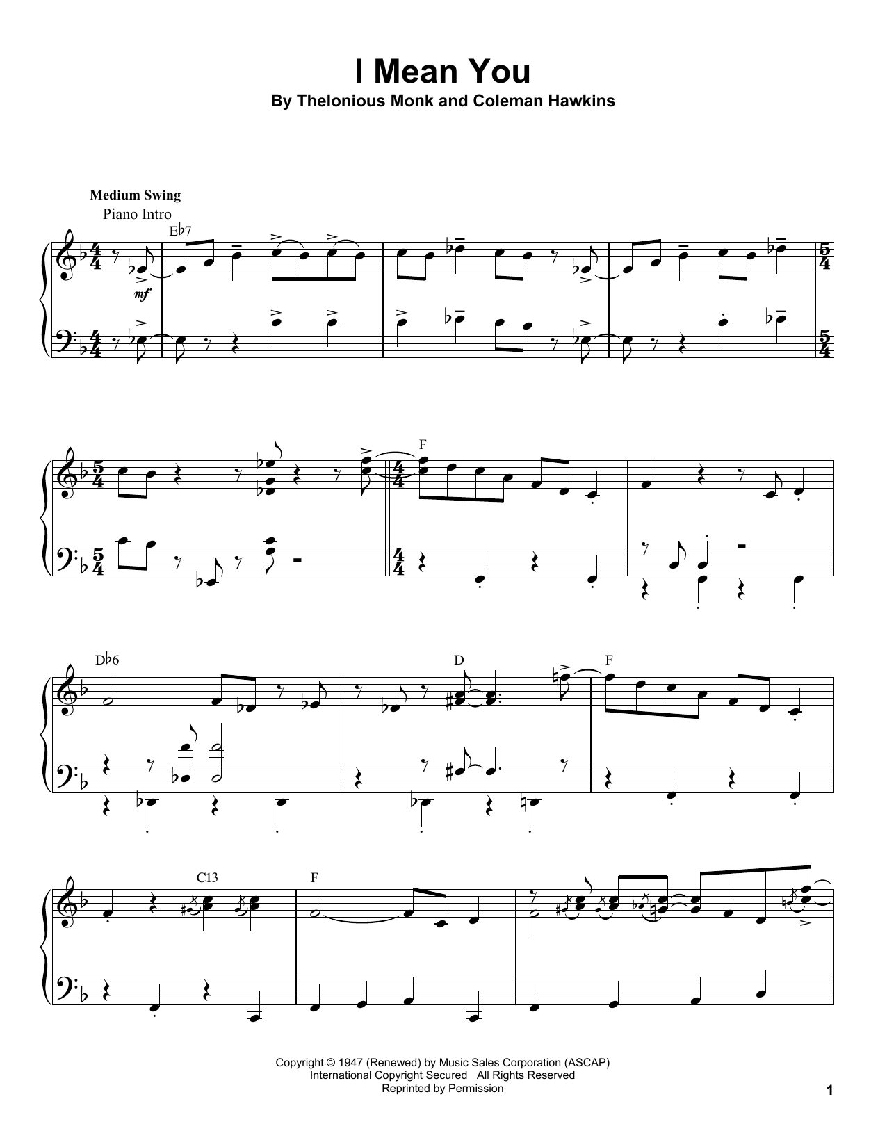 Preview Thelonious Monk I Mean You Jazz sheet music, notes and chords for Piano Transcription, SKU: 198748 sheet music, piano notes, chords, guitar tabs, score, transpose, transcribe, how to play, guide, download, learn, tutorial, progression, song, artist, awards, billboard, mtv, vh1, tour, single, album, release