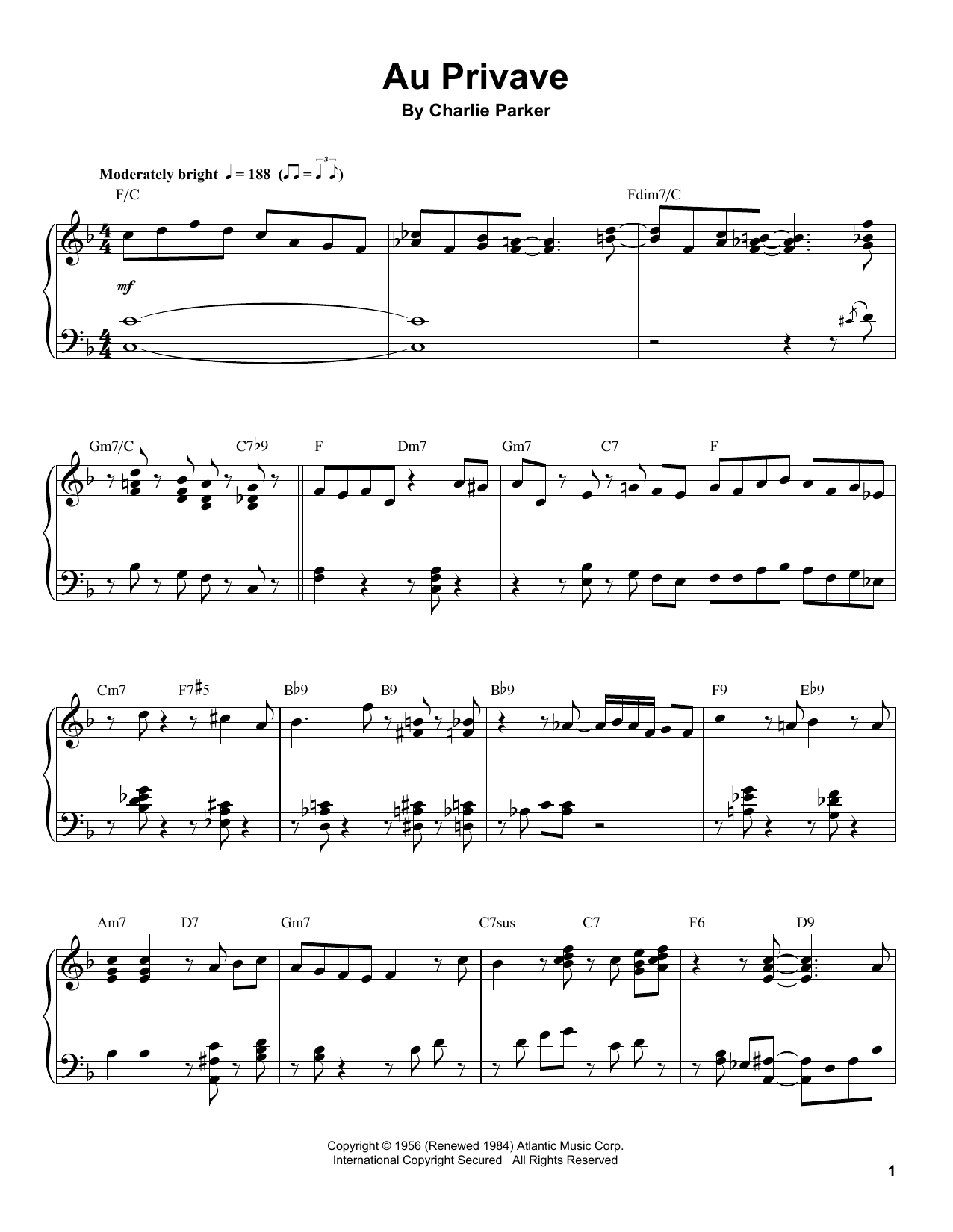 Preview Charlie Parker Au Privave Jazz sheet music, notes and chords for Piano Transcription, SKU: 198810 sheet music, piano notes, chords, guitar tabs, score, transpose, transcribe, how to play, guide, download, learn, tutorial, progression, song, artist, awards, billboard, mtv, vh1, tour, single, album, release