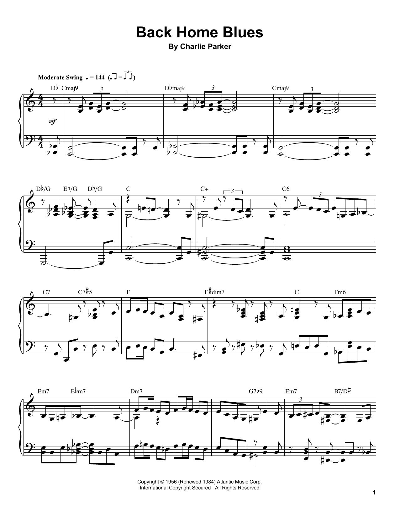 Preview Charlie Parker Back Home Blues Jazz sheet music, notes and chords for Piano Transcription, SKU: 198814 sheet music, piano notes, chords, guitar tabs, score, transpose, transcribe, how to play, guide, download, learn, tutorial, progression, song, artist, awards, billboard, mtv, vh1, tour, single, album, release