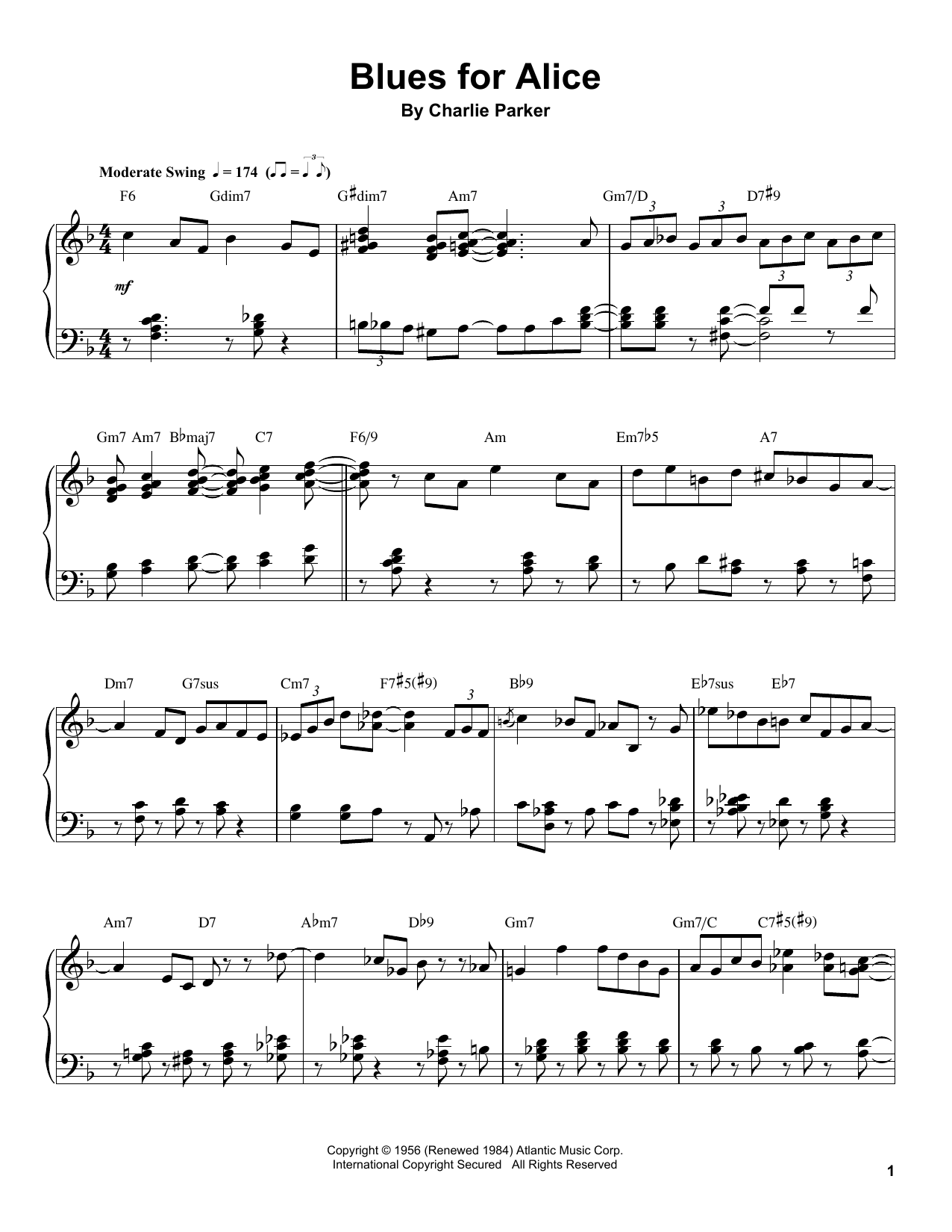 Preview Charlie Parker Blues For Alice Jazz sheet music, notes and chords for Piano Transcription, SKU: 198833 sheet music, piano notes, chords, guitar tabs, score, transpose, transcribe, how to play, guide, download, learn, tutorial, progression, song, artist, awards, billboard, mtv, vh1, tour, single, album, release