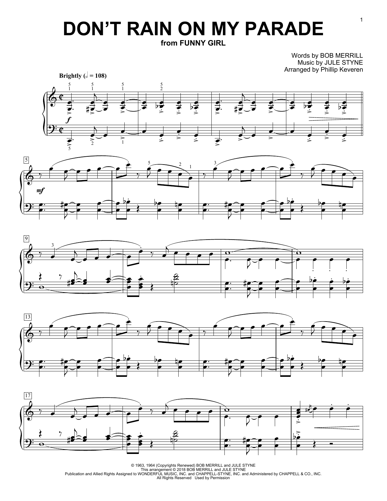 Preview Phillip Keveren Don't Rain On My Parade Film and TV sheet music, notes and chords for Piano, SKU: 199809 sheet music, piano notes, chords, guitar tabs, score, transpose, transcribe, how to play, guide, download, learn, tutorial, progression, song, artist, awards, billboard, mtv, vh1, tour, single, album, release