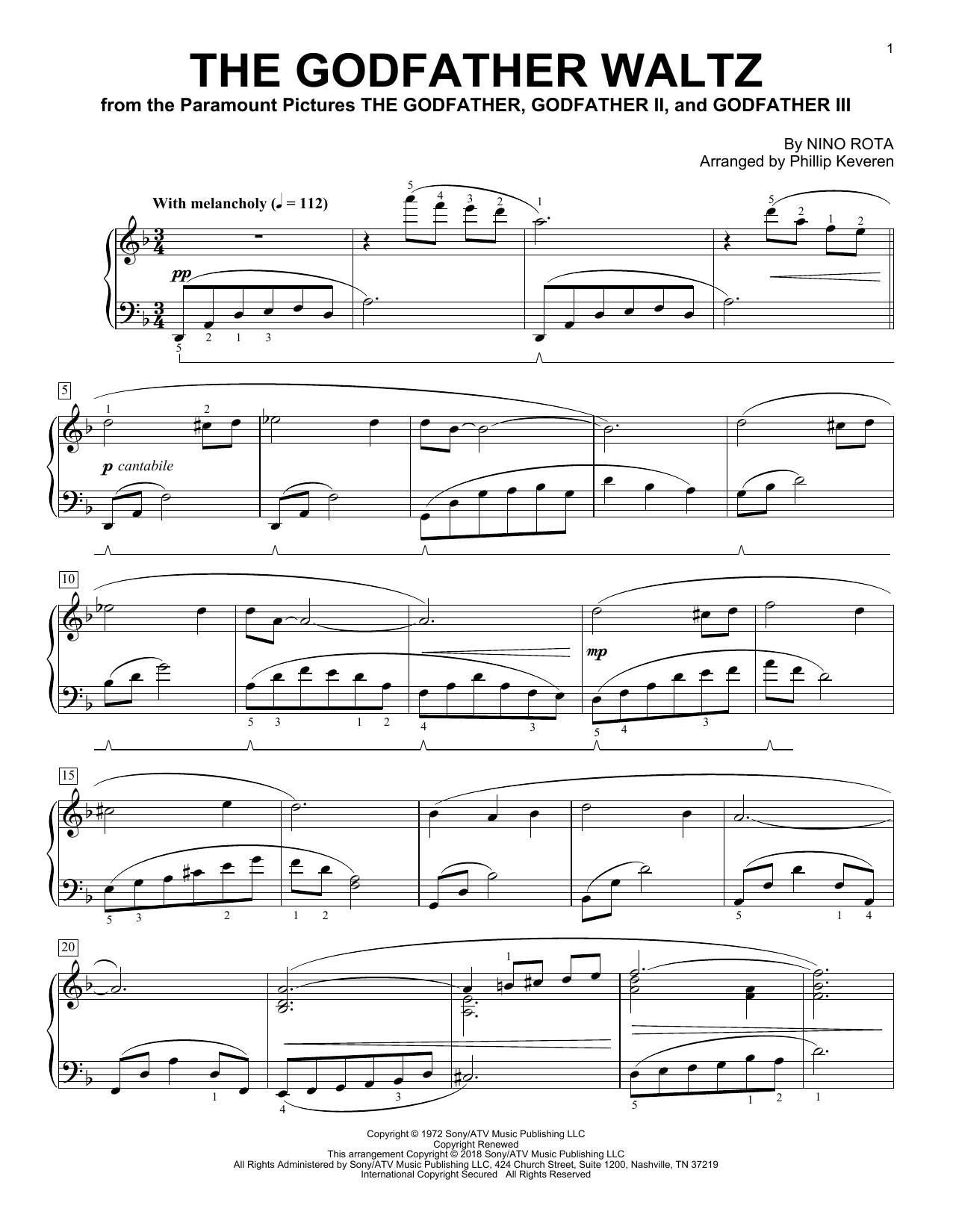Preview Phillip Keveren The Godfather Waltz Film and TV sheet music, notes and chords for Piano, SKU: 199816 sheet music, piano notes, chords, guitar tabs, score, transpose, transcribe, how to play, guide, download, learn, tutorial, progression, song, artist, awards, billboard, mtv, vh1, tour, single, album, release