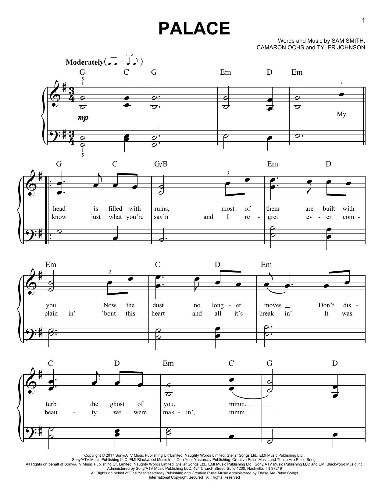 Preview Sam Smith Palace Pop sheet music, notes and chords for Easy Piano, SKU: 199846 sheet music, piano notes, chords, guitar tabs, score, transpose, transcribe, how to play, guide, download, learn, tutorial, progression, song, artist, awards, billboard, mtv, vh1, tour, single, album, release