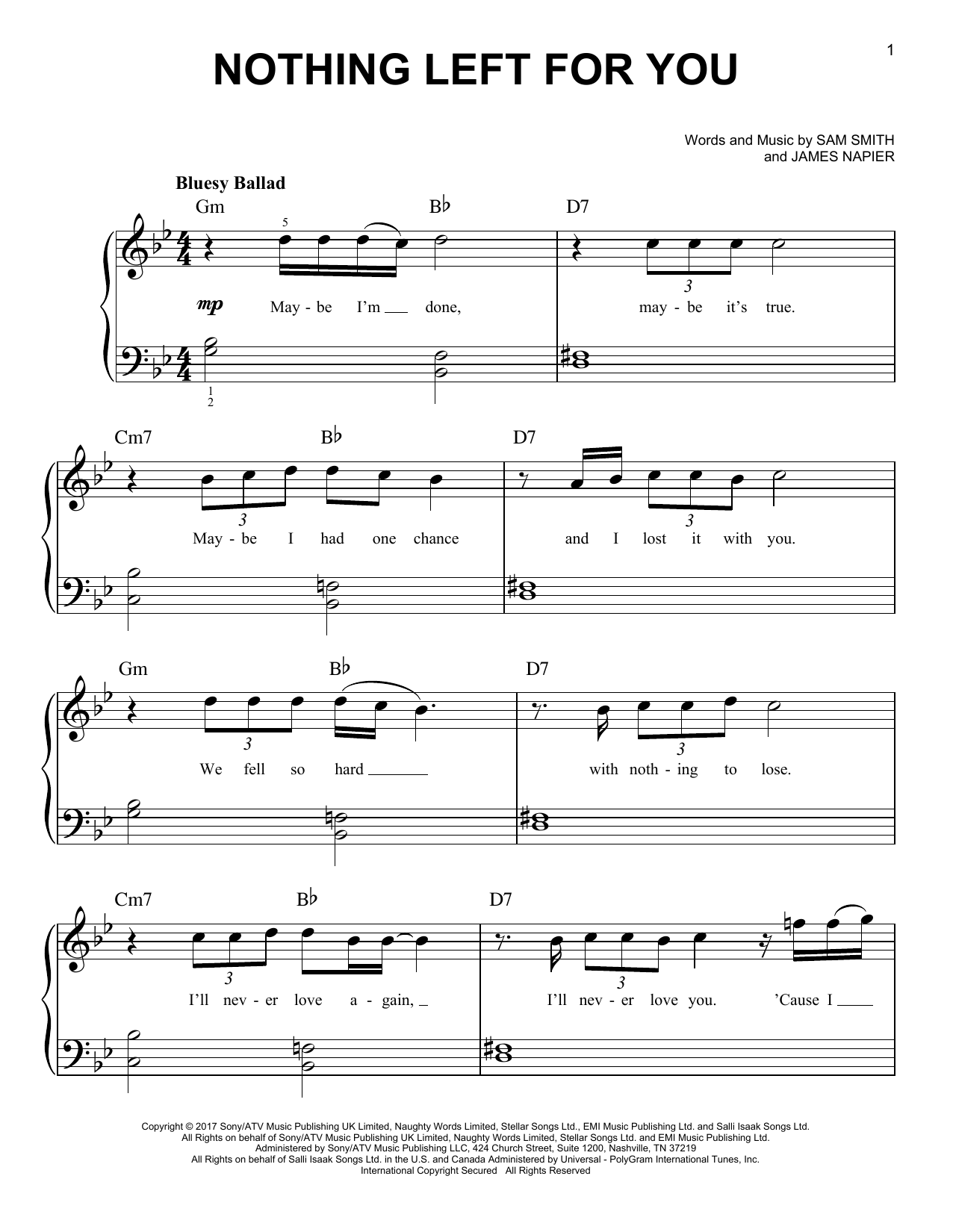 Preview Sam Smith Nothing Left For You Pop sheet music, notes and chords for Easy Piano, SKU: 199854 sheet music, piano notes, chords, guitar tabs, score, transpose, transcribe, how to play, guide, download, learn, tutorial, progression, song, artist, awards, billboard, mtv, vh1, tour, single, album, release