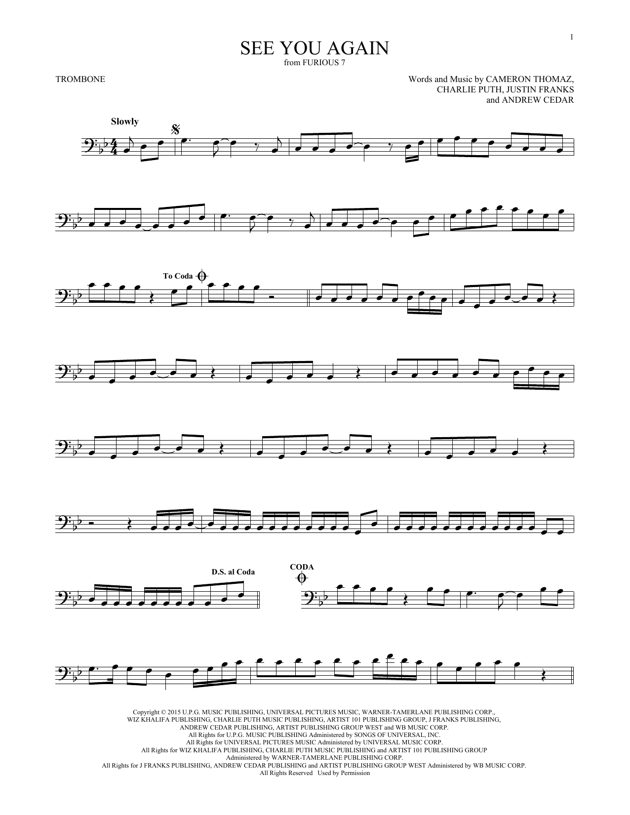 Preview Wiz Khalifa See You Again (feat. Charlie Puth) Rock sheet music, notes and chords for Trombone, SKU: 199932 sheet music, piano notes, chords, guitar tabs, score, transpose, transcribe, how to play, guide, download, learn, tutorial, progression, song, artist, awards, billboard, mtv, vh1, tour, single, album, release