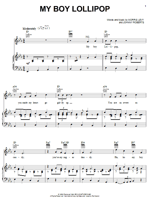 Preview Millie Small My Boy Lollipop Rock sheet music, notes and chords for Piano, Vocal & Guitar (Right-Hand Melody), SKU: 20083 sheet music, piano notes, chords, guitar tabs, score, transpose, transcribe, how to play, guide, download, learn, tutorial, progression, song, artist, awards, billboard, mtv, vh1, tour, single, album, release