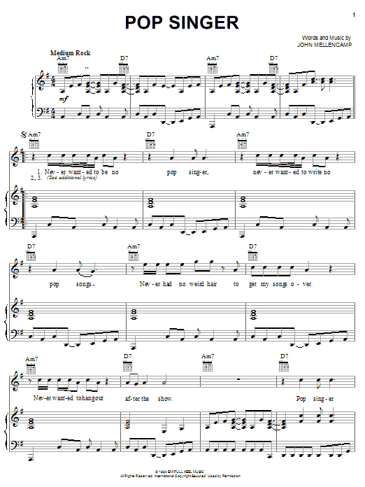 Preview John Mellencamp Pop Singer Pop sheet music, notes and chords for Piano, Vocal & Guitar (Right-Hand Melody), SKU: 20680 sheet music, piano notes, chords, guitar tabs, score, transpose, transcribe, how to play, guide, download, learn, tutorial, progression, song, artist, awards, billboard, mtv, vh1, tour, single, album, release
