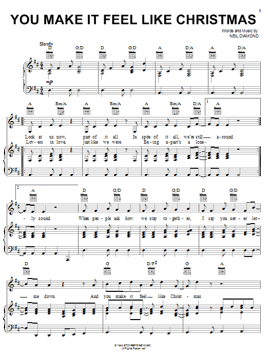 Preview Neil Diamond You Make It Feel Like Christmas Pop sheet music, notes and chords for Piano, Vocal & Guitar (Right-Hand Melody), SKU: 21345 sheet music, piano notes, chords, guitar tabs, score, transpose, transcribe, how to play, guide, download, learn, tutorial, progression, song, artist, awards, billboard, mtv, vh1, tour, single, album, release