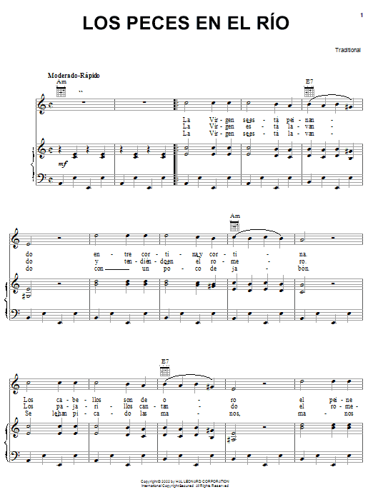 Preview Traditional Los Peces En El Rio World sheet music, notes and chords for Piano, Vocal & Guitar (Right-Hand Melody), SKU: 21346 sheet music, piano notes, chords, guitar tabs, score, transpose, transcribe, how to play, guide, download, learn, tutorial, progression, song, artist, awards, billboard, mtv, vh1, tour, single, album, release