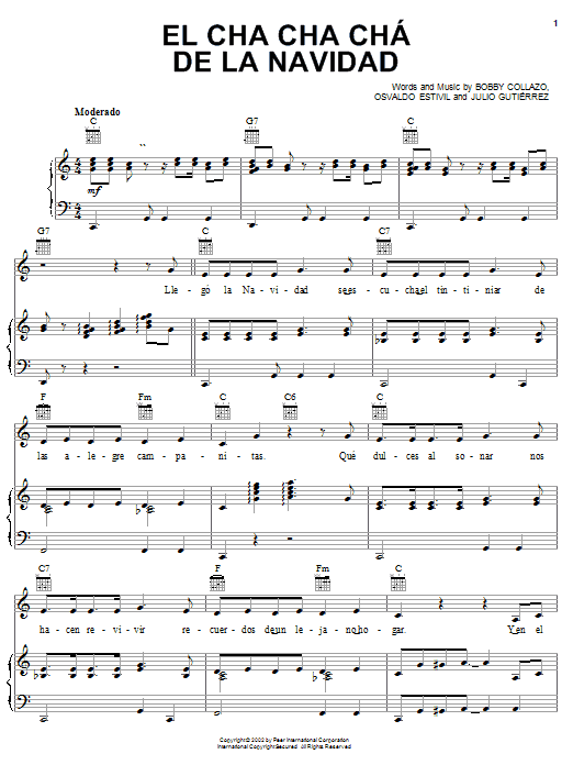 Preview Bobby Collazo El Cha Cha Chá De La Navidad World sheet music, notes and chords for Piano, Vocal & Guitar (Right-Hand Melody), SKU: 21349 sheet music, piano notes, chords, guitar tabs, score, transpose, transcribe, how to play, guide, download, learn, tutorial, progression, song, artist, awards, billboard, mtv, vh1, tour, single, album, release