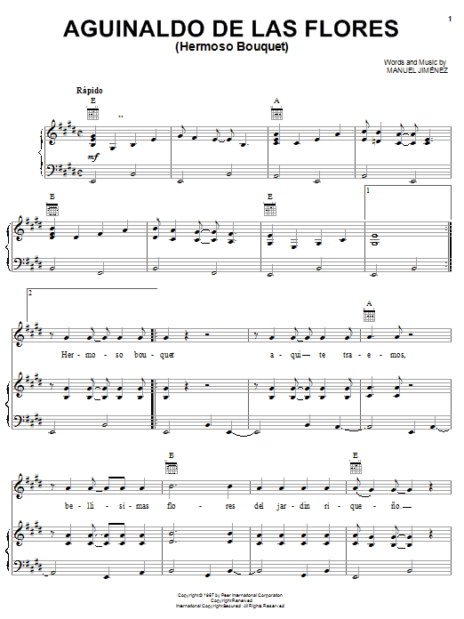 Preview Manuel Jiménez Aguinaldo De Las Flores (Hermoso Bouquet) World sheet music, notes and chords for Piano, Vocal & Guitar (Right-Hand Melody), SKU: 21354 sheet music, piano notes, chords, guitar tabs, score, transpose, transcribe, how to play, guide, download, learn, tutorial, progression, song, artist, awards, billboard, mtv, vh1, tour, single, album, release