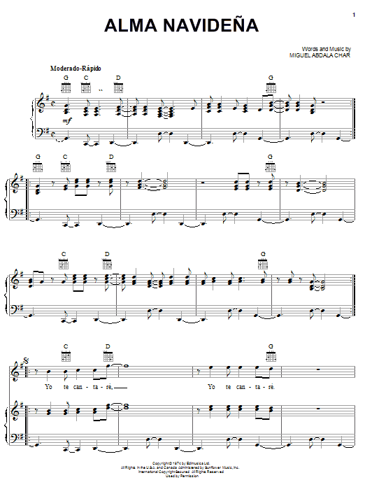 Preview Miguel Abdala Char Alma Navidena World sheet music, notes and chords for Piano, Vocal & Guitar (Right-Hand Melody), SKU: 21361 sheet music, piano notes, chords, guitar tabs, score, transpose, transcribe, how to play, guide, download, learn, tutorial, progression, song, artist, awards, billboard, mtv, vh1, tour, single, album, release