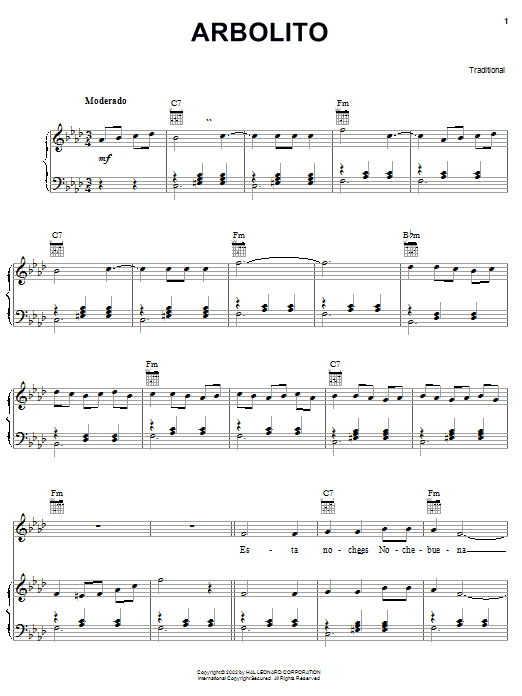 Preview Traditional Carol Arbolito World sheet music, notes and chords for Piano, Vocal & Guitar (Right-Hand Melody), SKU: 21364 sheet music, piano notes, chords, guitar tabs, score, transpose, transcribe, how to play, guide, download, learn, tutorial, progression, song, artist, awards, billboard, mtv, vh1, tour, single, album, release