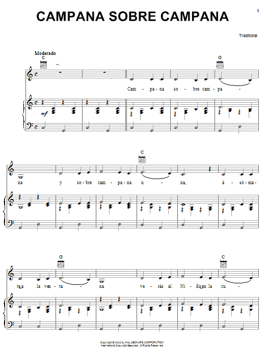 Preview Traditional Carol Campana Sobre Campana World sheet music, notes and chords for Piano, Vocal & Guitar (Right-Hand Melody), SKU: 21365 sheet music, piano notes, chords, guitar tabs, score, transpose, transcribe, how to play, guide, download, learn, tutorial, progression, song, artist, awards, billboard, mtv, vh1, tour, single, album, release