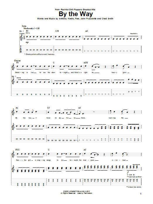 Preview Red Hot Chili Peppers By The Way Rock sheet music, notes and chords for Guitar Tab, SKU: 21368 sheet music, piano notes, chords, guitar tabs, score, transpose, transcribe, how to play, guide, download, learn, tutorial, progression, song, artist, awards, billboard, mtv, vh1, tour, single, album, release