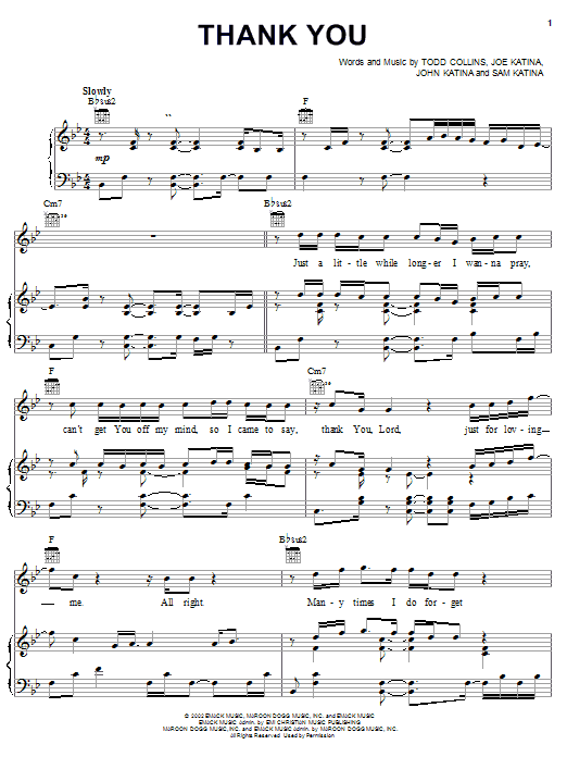 Preview The Katinas Thank You Pop sheet music, notes and chords for Piano, Vocal & Guitar (Right-Hand Melody), SKU: 21384 sheet music, piano notes, chords, guitar tabs, score, transpose, transcribe, how to play, guide, download, learn, tutorial, progression, song, artist, awards, billboard, mtv, vh1, tour, single, album, release