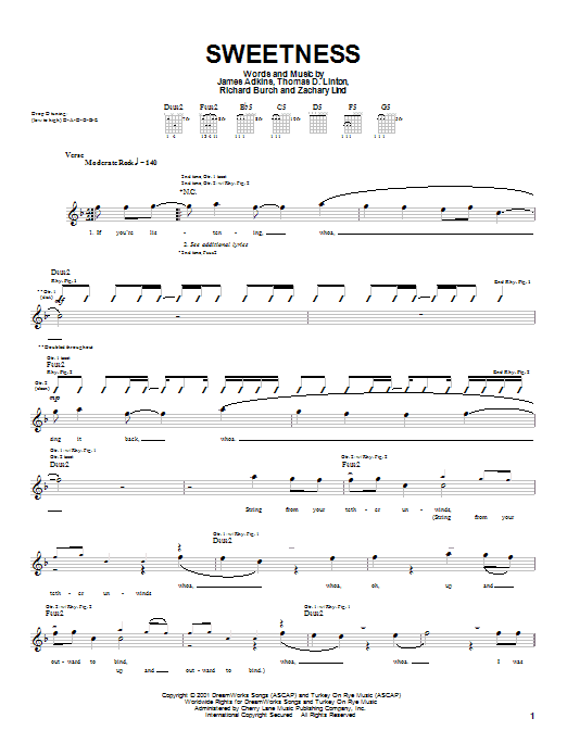 Preview Jimmy Eat World Sweetness Rock sheet music, notes and chords for Guitar Tab, SKU: 21388 sheet music, piano notes, chords, guitar tabs, score, transpose, transcribe, how to play, guide, download, learn, tutorial, progression, song, artist, awards, billboard, mtv, vh1, tour, single, album, release