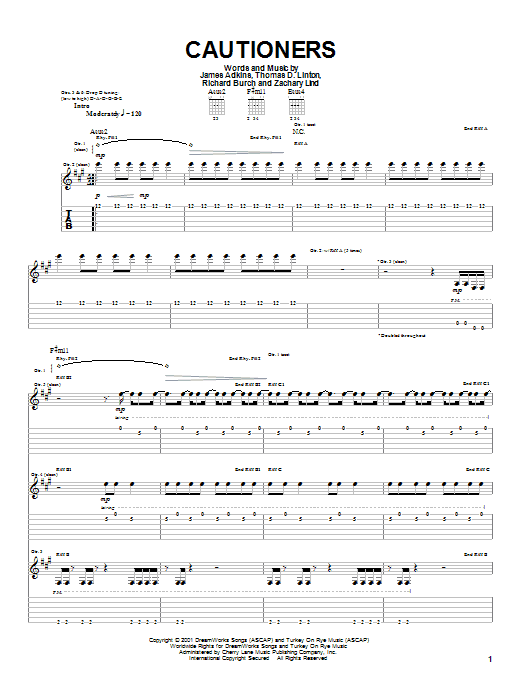 Preview Jimmy Eat World Cautioners Rock sheet music, notes and chords for Guitar Tab, SKU: 21390 sheet music, piano notes, chords, guitar tabs, score, transpose, transcribe, how to play, guide, download, learn, tutorial, progression, song, artist, awards, billboard, mtv, vh1, tour, single, album, release
