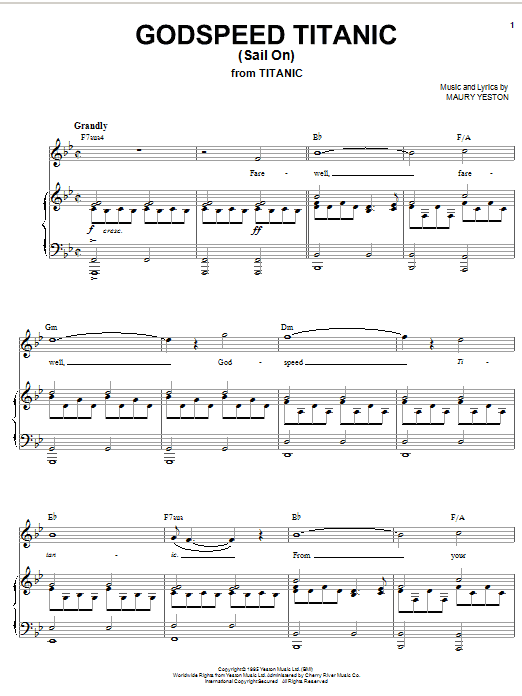 Preview Maury Yeston Godspeed Titanic (Sail On) Broadway sheet music, notes and chords for Piano, Vocal & Guitar (Right-Hand Melody), SKU: 21399 sheet music, piano notes, chords, guitar tabs, score, transpose, transcribe, how to play, guide, download, learn, tutorial, progression, song, artist, awards, billboard, mtv, vh1, tour, single, album, release