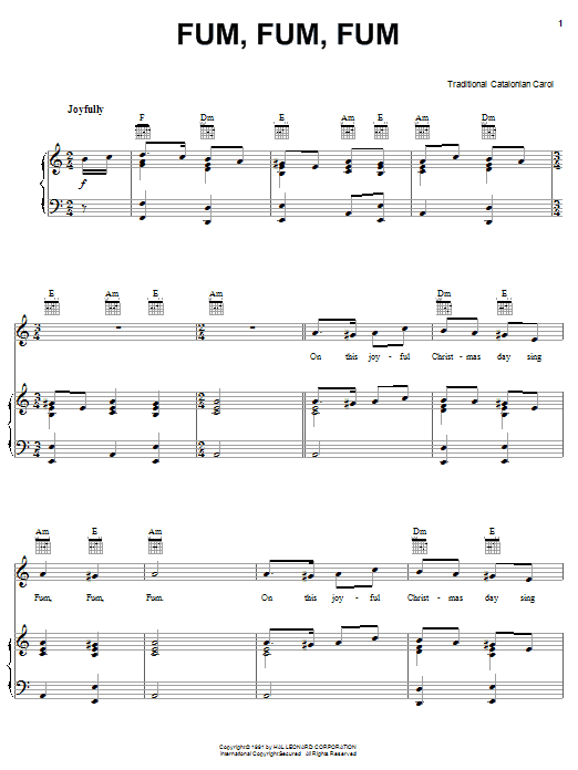 Preview Traditional Carol Fum, Fum, Fum Christmas sheet music, notes and chords for Piano, Vocal & Guitar (Right-Hand Melody), SKU: 21401 sheet music, piano notes, chords, guitar tabs, score, transpose, transcribe, how to play, guide, download, learn, tutorial, progression, song, artist, awards, billboard, mtv, vh1, tour, single, album, release