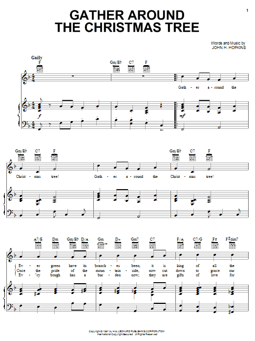 Preview John H. Hopkins, Jr. Gather Around The Christmas Tree Christmas sheet music, notes and chords for Piano, Vocal & Guitar (Right-Hand Melody), SKU: 21402 sheet music, piano notes, chords, guitar tabs, score, transpose, transcribe, how to play, guide, download, learn, tutorial, progression, song, artist, awards, billboard, mtv, vh1, tour, single, album, release