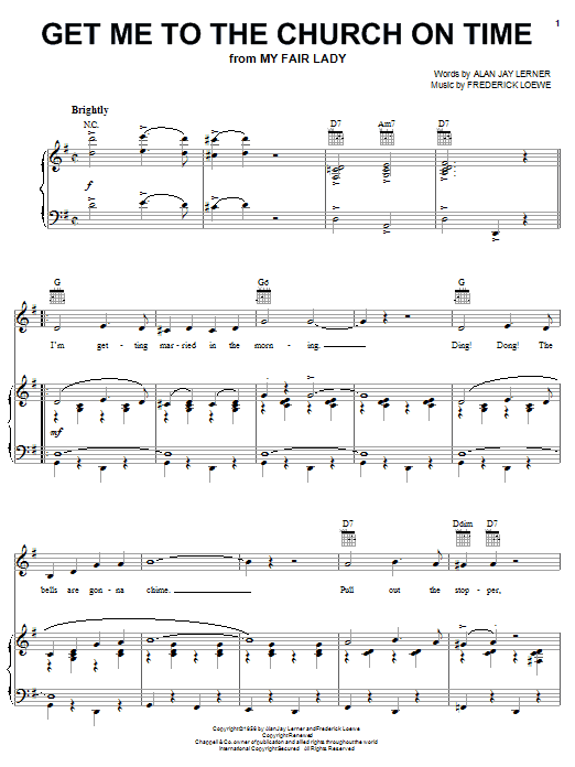 Preview Lerner & Loewe Get Me To The Church On Time Jazz sheet music, notes and chords for Piano, Vocal & Guitar (Right-Hand Melody), SKU: 21405 sheet music, piano notes, chords, guitar tabs, score, transpose, transcribe, how to play, guide, download, learn, tutorial, progression, song, artist, awards, billboard, mtv, vh1, tour, single, album, release