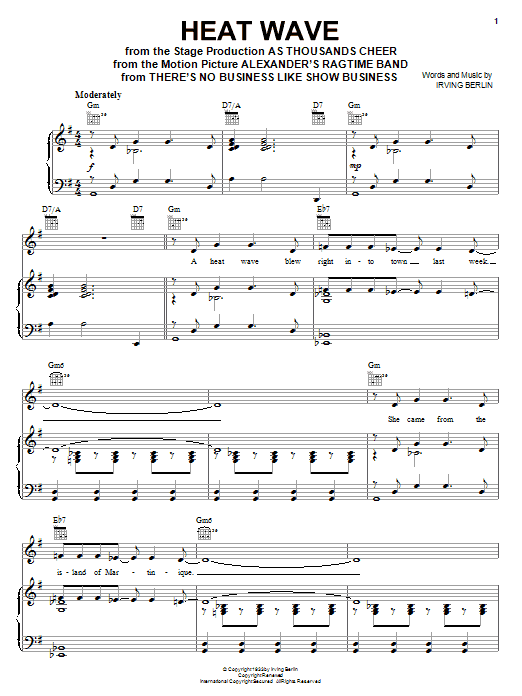 Preview Irving Berlin Heat Wave Jazz sheet music, notes and chords for Piano, Vocal & Guitar (Right-Hand Melody), SKU: 21411 sheet music, piano notes, chords, guitar tabs, score, transpose, transcribe, how to play, guide, download, learn, tutorial, progression, song, artist, awards, billboard, mtv, vh1, tour, single, album, release