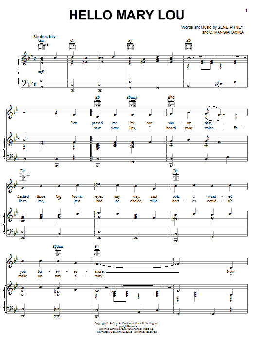 Preview Ricky Nelson Hello Mary Lou Pop sheet music, notes and chords for Piano, Vocal & Guitar (Right-Hand Melody), SKU: 21412 sheet music, piano notes, chords, guitar tabs, score, transpose, transcribe, how to play, guide, download, learn, tutorial, progression, song, artist, awards, billboard, mtv, vh1, tour, single, album, release