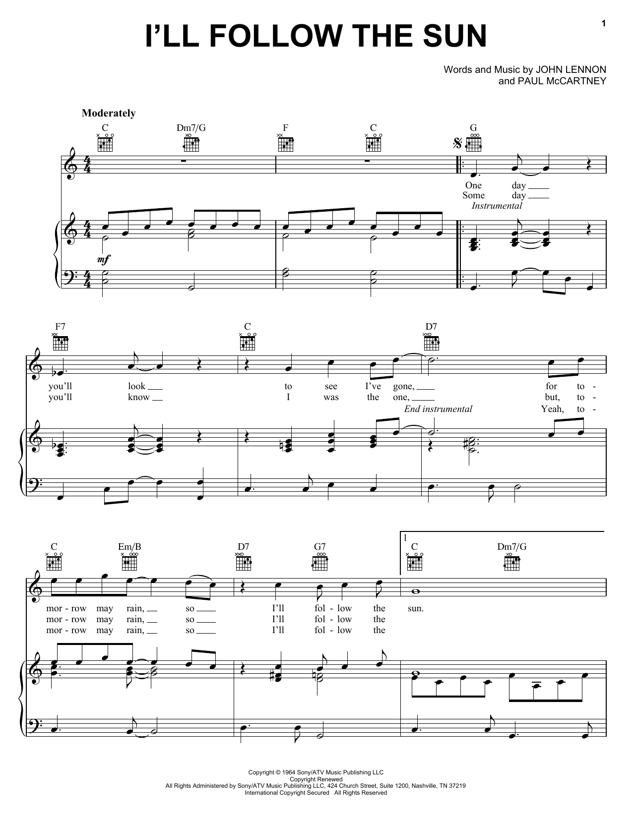 Preview The Beatles I'll Follow The Sun Rock sheet music, notes and chords for Piano, Vocal & Guitar (Right-Hand Melody), SKU: 21422 sheet music, piano notes, chords, guitar tabs, score, transpose, transcribe, how to play, guide, download, learn, tutorial, progression, song, artist, awards, billboard, mtv, vh1, tour, single, album, release