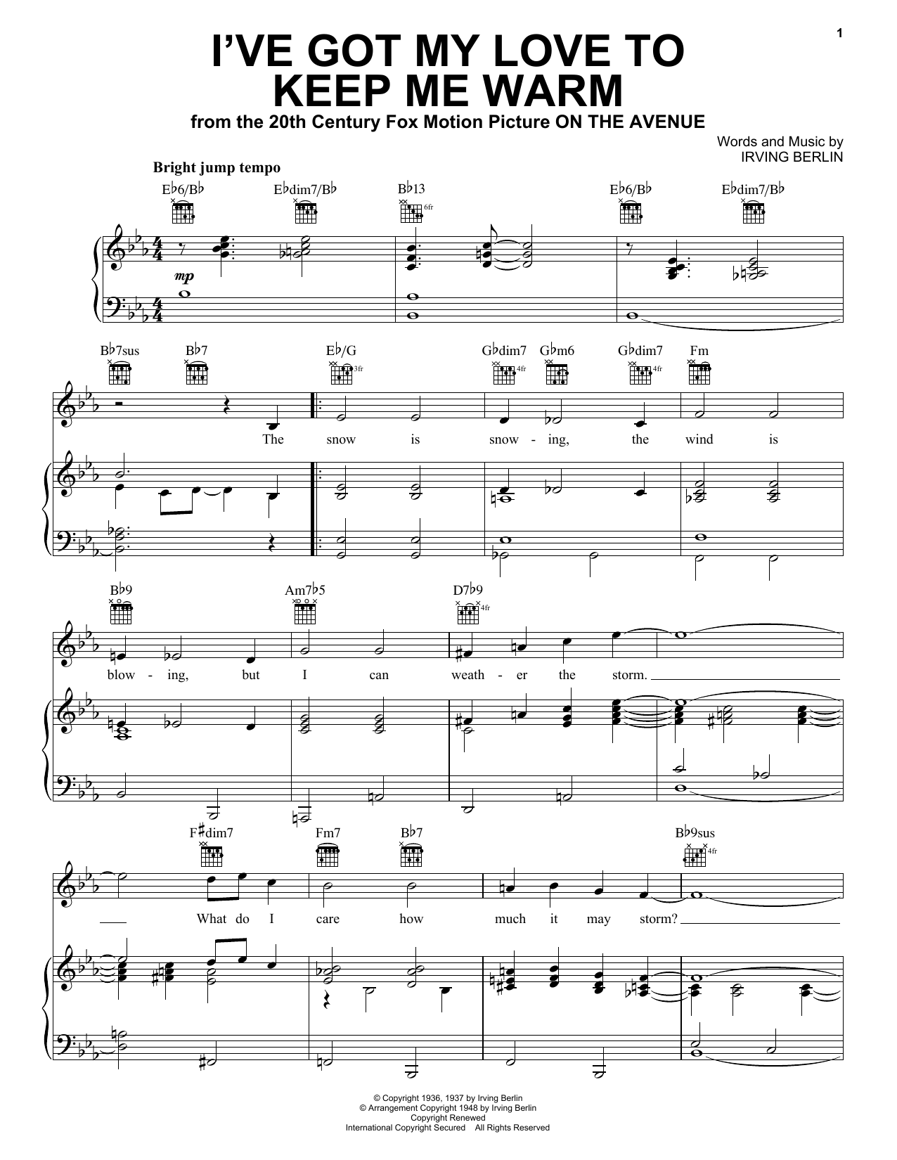 Preview Irving Berlin I've Got My Love To Keep Me Warm Ballad sheet music, notes and chords for Piano, Vocal & Guitar (Right-Hand Melody), SKU: 21423 sheet music, piano notes, chords, guitar tabs, score, transpose, transcribe, how to play, guide, download, learn, tutorial, progression, song, artist, awards, billboard, mtv, vh1, tour, single, album, release