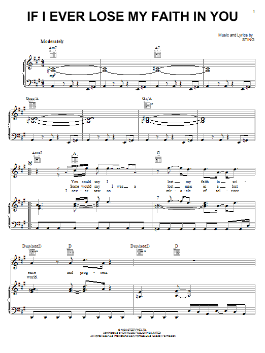Preview Sting If I Ever Lose My Faith In You Pop sheet music, notes and chords for Piano, Vocal & Guitar (Right-Hand Melody), SKU: 21425 sheet music, piano notes, chords, guitar tabs, score, transpose, transcribe, how to play, guide, download, learn, tutorial, progression, song, artist, awards, billboard, mtv, vh1, tour, single, album, release