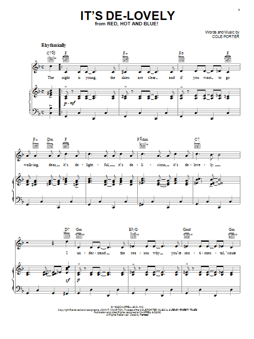 Preview Cole Porter It's De-Lovely Jazz sheet music, notes and chords for Piano, Vocal & Guitar (Right-Hand Melody), SKU: 21427 sheet music, piano notes, chords, guitar tabs, score, transpose, transcribe, how to play, guide, download, learn, tutorial, progression, song, artist, awards, billboard, mtv, vh1, tour, single, album, release