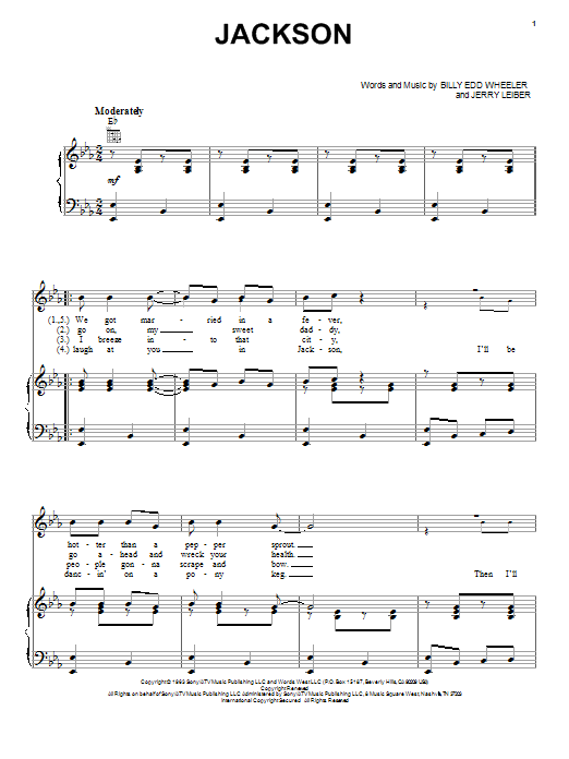 Preview Johnny Cash & June Carter Jackson Pop sheet music, notes and chords for Piano, Vocal & Guitar (Right-Hand Melody), SKU: 21429 sheet music, piano notes, chords, guitar tabs, score, transpose, transcribe, how to play, guide, download, learn, tutorial, progression, song, artist, awards, billboard, mtv, vh1, tour, single, album, release