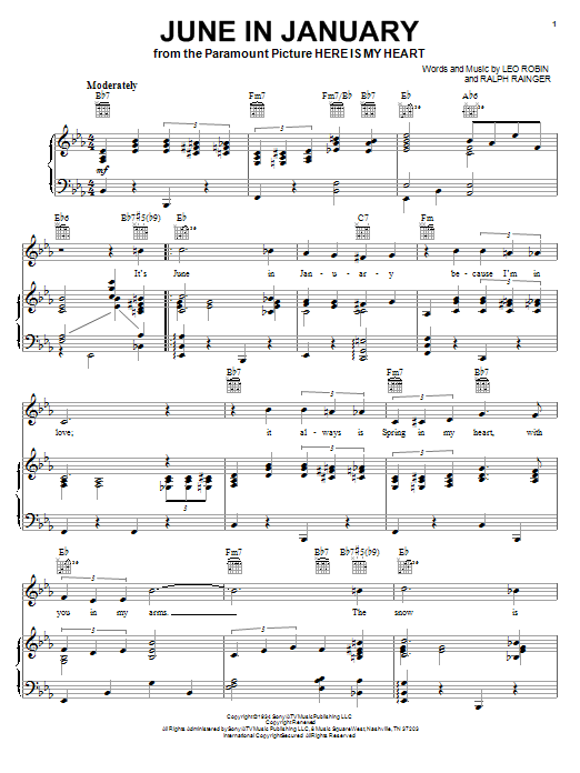 Preview Ralph Rainger June In January Pop sheet music, notes and chords for Piano, Vocal & Guitar (Right-Hand Melody), SKU: 21432 sheet music, piano notes, chords, guitar tabs, score, transpose, transcribe, how to play, guide, download, learn, tutorial, progression, song, artist, awards, billboard, mtv, vh1, tour, single, album, release