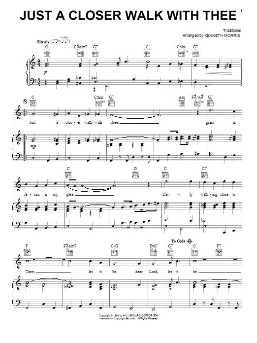 Preview Kenneth Morris Just A Closer Walk With Thee Hymn sheet music, notes and chords for Piano, Vocal & Guitar (Right-Hand Melody), SKU: 21433 sheet music, piano notes, chords, guitar tabs, score, transpose, transcribe, how to play, guide, download, learn, tutorial, progression, song, artist, awards, billboard, mtv, vh1, tour, single, album, release