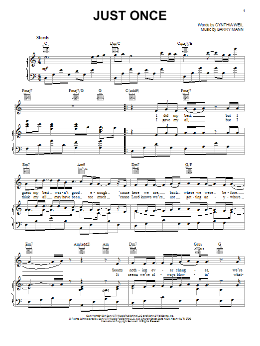 Preview Quincy Jones Just Once (feat. James Ingram) Rock sheet music, notes and chords for Piano, Vocal & Guitar (Right-Hand Melody), SKU: 21434 sheet music, piano notes, chords, guitar tabs, score, transpose, transcribe, how to play, guide, download, learn, tutorial, progression, song, artist, awards, billboard, mtv, vh1, tour, single, album, release