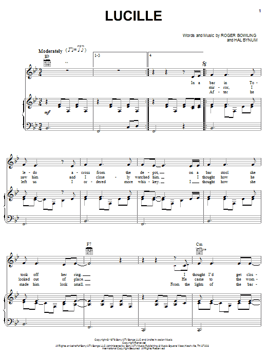 Preview Kenny Rogers Lucille Pop sheet music, notes and chords for Piano, Vocal & Guitar (Right-Hand Melody), SKU: 21435 sheet music, piano notes, chords, guitar tabs, score, transpose, transcribe, how to play, guide, download, learn, tutorial, progression, song, artist, awards, billboard, mtv, vh1, tour, single, album, release