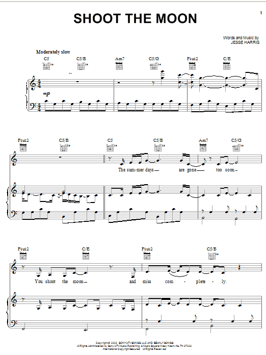 Preview Norah Jones Shoot The Moon Pop sheet music, notes and chords for Piano, Vocal & Guitar (Right-Hand Melody), SKU: 21444 sheet music, piano notes, chords, guitar tabs, score, transpose, transcribe, how to play, guide, download, learn, tutorial, progression, song, artist, awards, billboard, mtv, vh1, tour, single, album, release