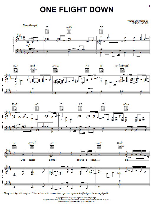 Preview Norah Jones One Flight Down Pop sheet music, notes and chords for Piano, Vocal & Guitar (Right-Hand Melody), SKU: 21446 sheet music, piano notes, chords, guitar tabs, score, transpose, transcribe, how to play, guide, download, learn, tutorial, progression, song, artist, awards, billboard, mtv, vh1, tour, single, album, release
