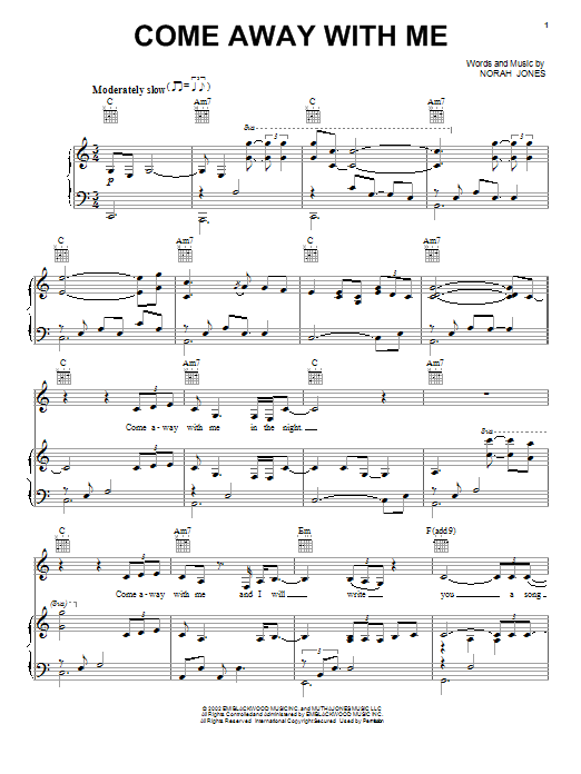 Preview Norah Jones Come Away With Me Pop sheet music, notes and chords for Piano, Vocal & Guitar (Right-Hand Melody), SKU: 21451 sheet music, piano notes, chords, guitar tabs, score, transpose, transcribe, how to play, guide, download, learn, tutorial, progression, song, artist, awards, billboard, mtv, vh1, tour, single, album, release