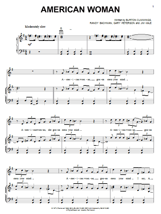 Preview The Guess Who American Woman Rock sheet music, notes and chords for Piano, Vocal & Guitar (Right-Hand Melody), SKU: 21457 sheet music, piano notes, chords, guitar tabs, score, transpose, transcribe, how to play, guide, download, learn, tutorial, progression, song, artist, awards, billboard, mtv, vh1, tour, single, album, release