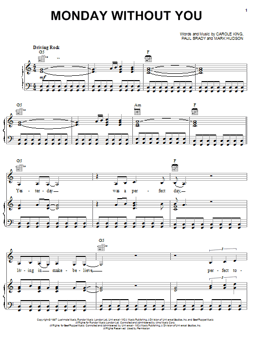 Preview Carole King Monday Without You Pop sheet music, notes and chords for Piano, Vocal & Guitar (Right-Hand Melody), SKU: 21464 sheet music, piano notes, chords, guitar tabs, score, transpose, transcribe, how to play, guide, download, learn, tutorial, progression, song, artist, awards, billboard, mtv, vh1, tour, single, album, release